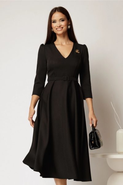 Rochie DY Fashion neagra clos cu decolteu V si curea in talie