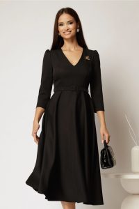 Rochie DY Fashion neagra clos cu decolteu V si curea in talie