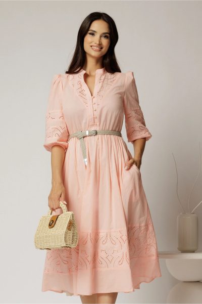 Rochie DY Fashion roz somon din bumbac cu insertii perforate si curea in talie