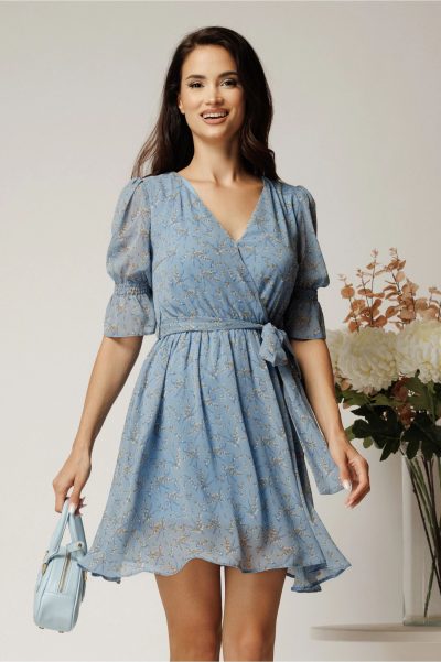 Rochie DY Fashion scurta bleu din voal cu imprimeu gri si cordon in talie