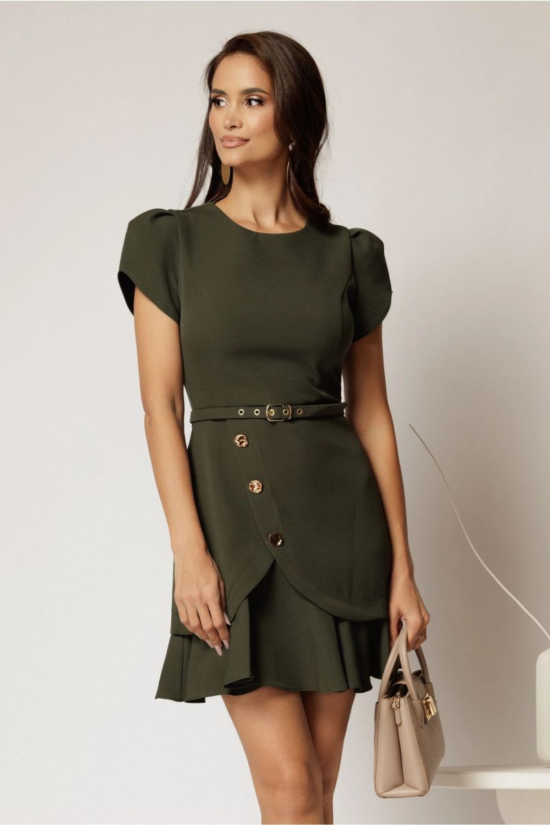 Rochie DY Fashion scurta kaki cu nasturi si volanas la fusta