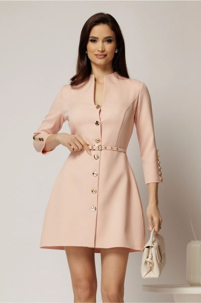 Rochie DY Fashion scurta roz cu inchidere cu nasturi si curea in talie