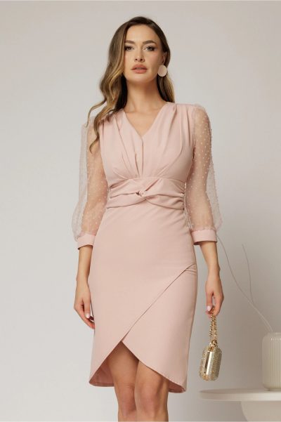 Rochie DY Fashion scurta roz cu talia impletita si maneci bufante