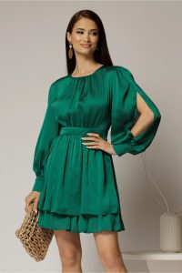 Rochie DY Fashion verde scurta din voal cu manecile sparte si fusta suprapusa