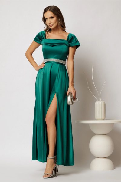 Rochie lunga Derya verde din tafta de ocazie