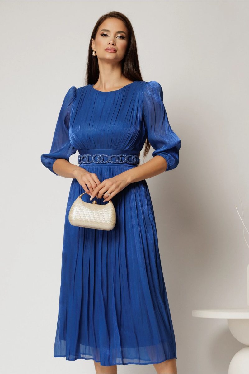 Rochie midi albastra de ocazie din voal peliculizat cu cordon detasabil