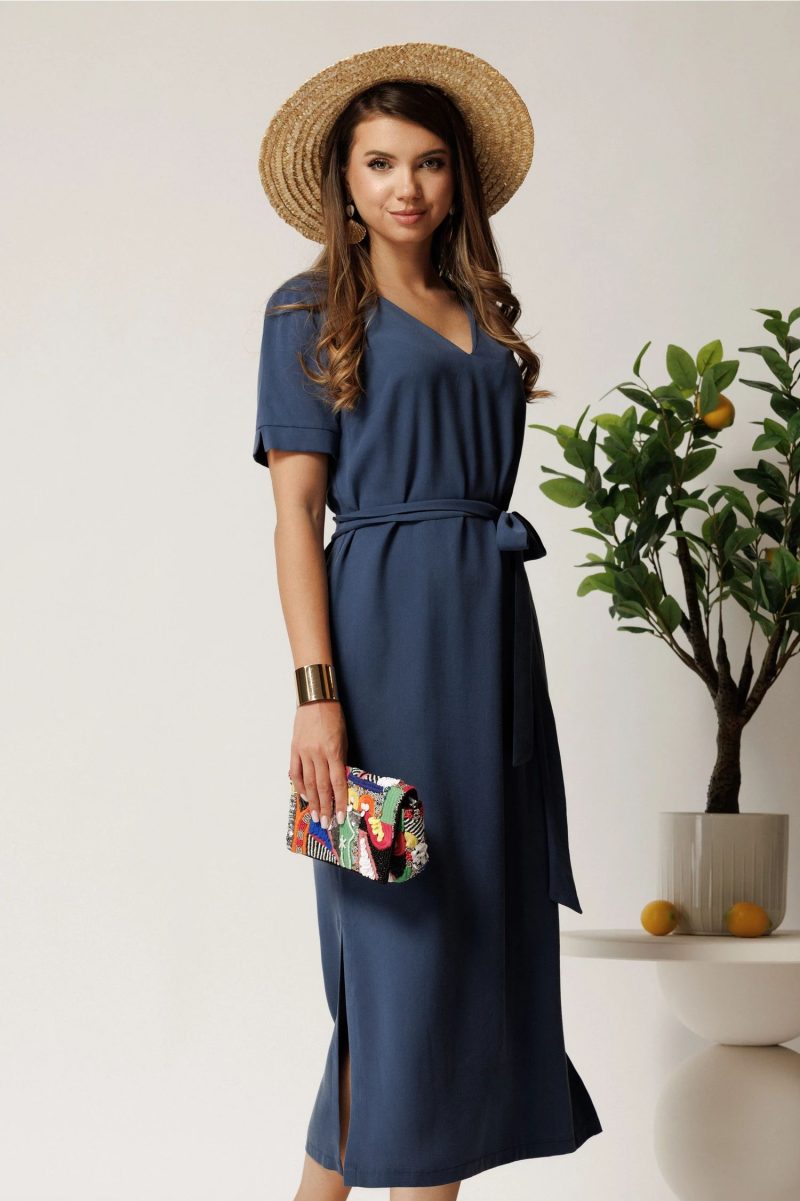 Rochie midi bleumarin din tencel cu croi drept si cordon in talie
