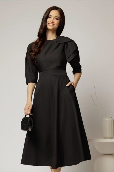 Rochie midi neagra clos cu funda ampla pe umar si cordon detasabil
