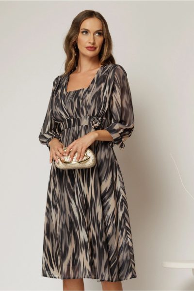 Rochie midi neagra cu bej de zi din voal cu imprimeuri
