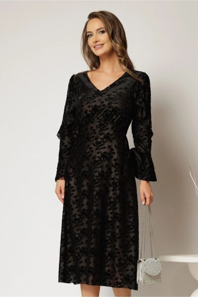 Rochie midi neagra de ocazie cu imprimeu de catifea si decolteu in V
