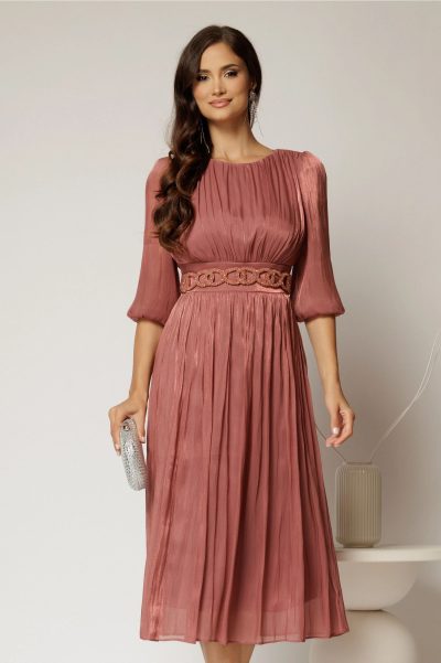 Rochie midi roz coniac de ocazie din voal peliculizat cu cordon detasabil
