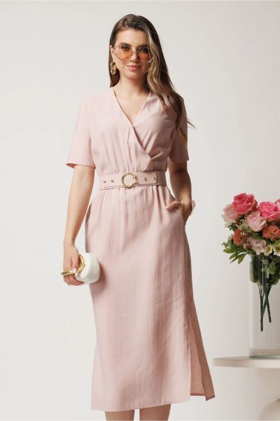 Rochie midi roz cu elastic si curea in talie