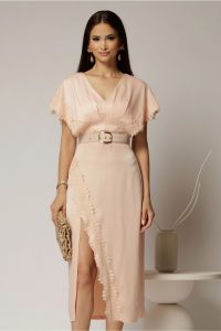 Rochie midi roz din satin cu insertii de dantela