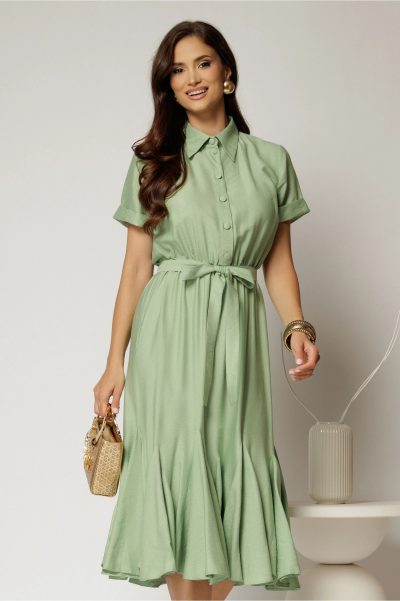 Rochie midi verde fistic din viscoza in clos cu nasturi si cordon
