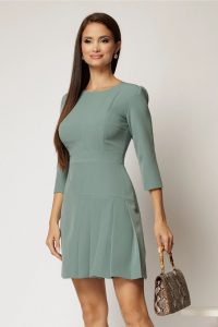 Rochie scurta bleu cu pliuri pe fusta si maneci trei sferturi