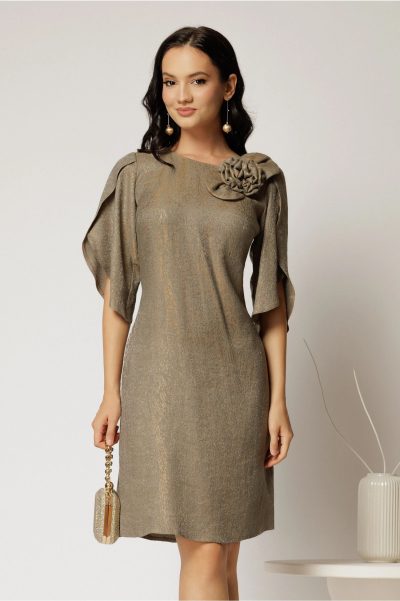 Rochie scurta kaki cu fir lurex cu croi drept si maneci tip lalea