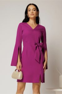 Rochie scurta magenta cu funda ampla in talie si maneci sparte